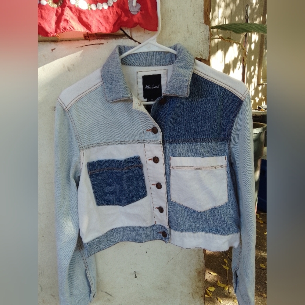 Me Jane two-tone color block patchwork cropped jean jacket
